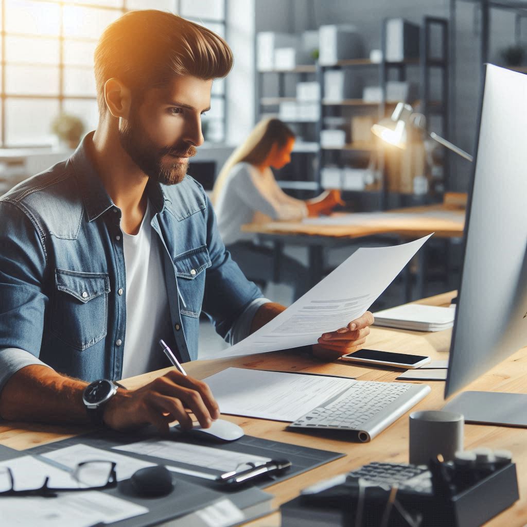 Un professionista al lavoro per inviare una fattura elettronica al suo cliente.